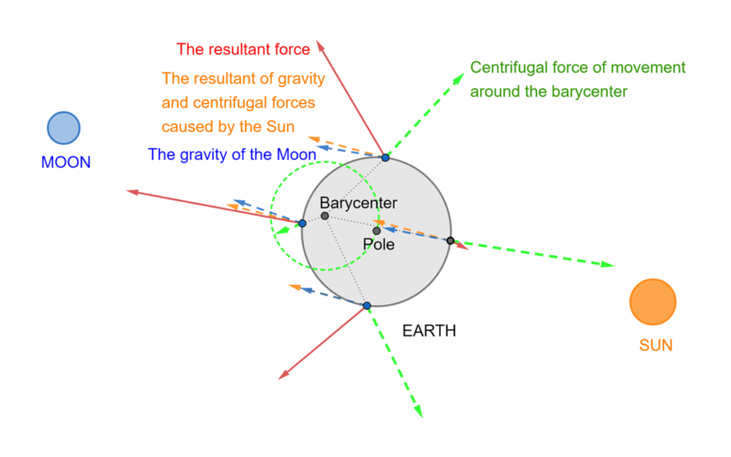 Figure 5. Forces on the ocean caused by the Moon and the Sun during the full moon (every 6 hours, in November).