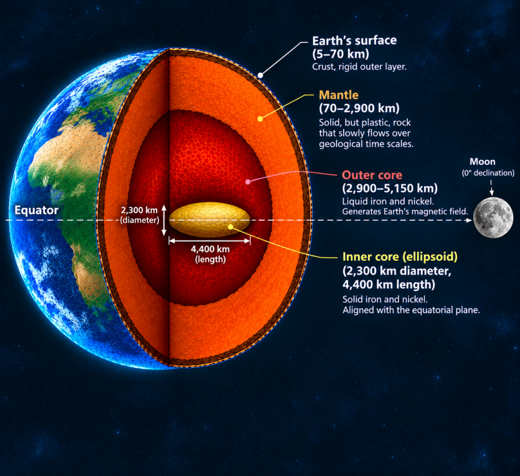 An elongated inner core aligning itself towards the Moon
