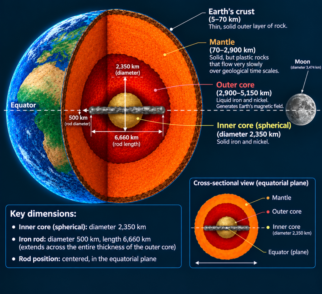 The hypothesis of Earth's inner core surrounding an iron rod pointing towards the Moon.