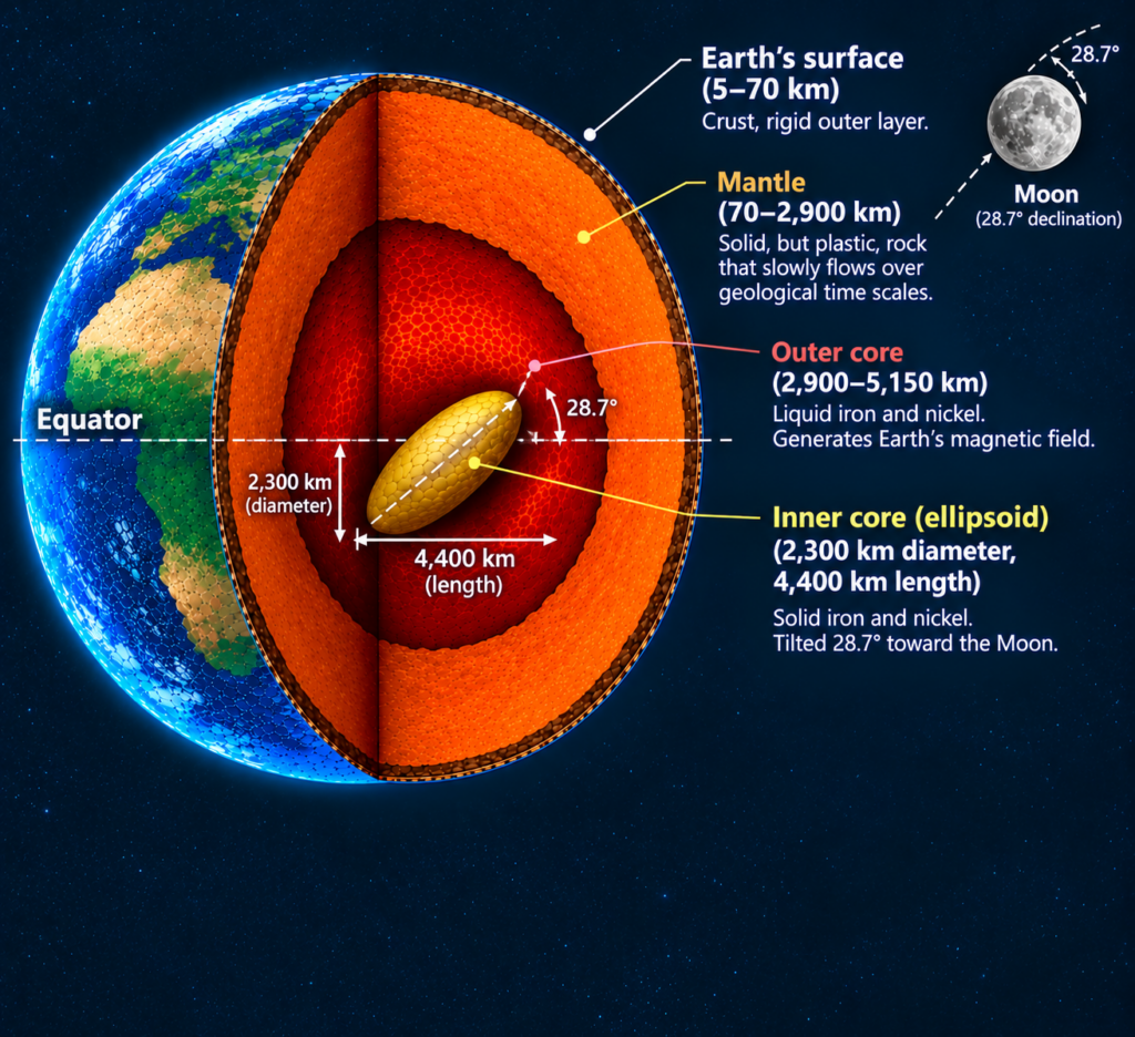 An elongated inner core aligning itself towards the Moon