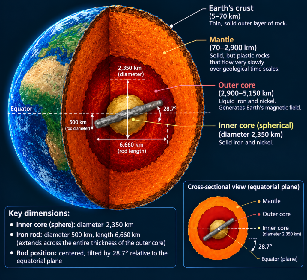 Hypothesis of Earth's inner core surrounding an iron rod